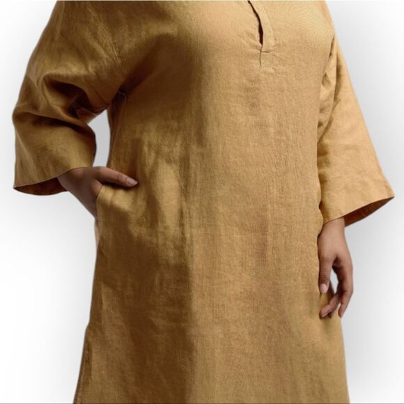 Parachute 100%Linen Flax Ochre Yellow Tan Midi Dress V-Neck Elbow-Length Sleeves - Picture 5 of 8